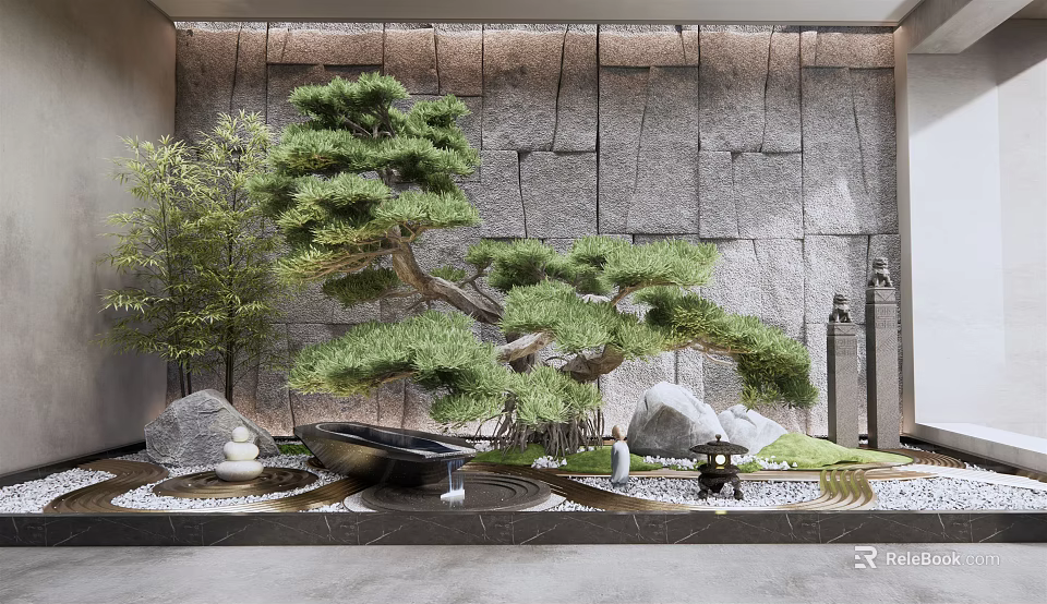 Karesansui Japanese Rock Garden Design With Pine Tree Stones And Gravel 3d model 
