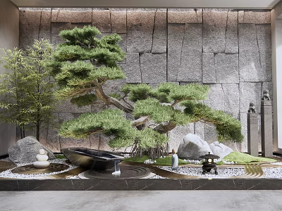 Karesansui Japanese Rock Garden Design With Pine Tree Stones And Gravel 3d model