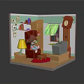 Cartoon Room Scene Featuring Red Sofa TV Bookshelf Lamp Window Curtain And Rug
