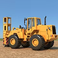 Yellow Utility Vehicle With Large Tires And Front Boom In Open Field Under Blue Sky