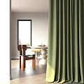 Luxurious Green Curtains in Modern Interior with Scenic Window Wooden Chair and Table