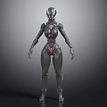 Futuristic Cybernetic Humanoid Character With Dark Metallic Body And Colorful Accents