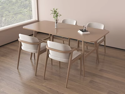 Modern Minimalist Dining Table Set With Wooden Frame Light Gray Cushioned Chairs and Green Plant 3d model
