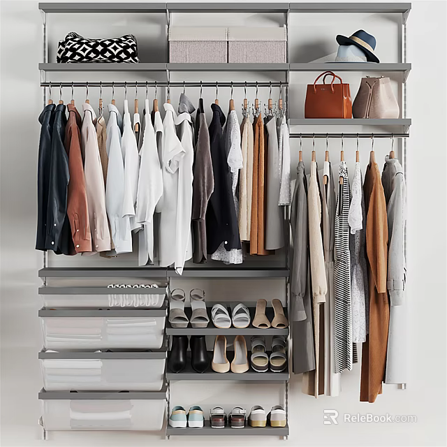 Organized Open Closet With Hanging Clothes Drawers Shoe Storage And Brown Bag 3d model 