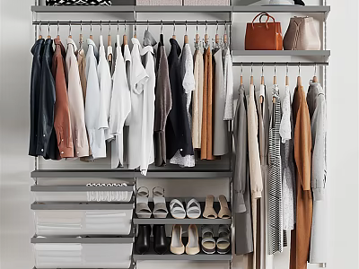Organized Open Closet With Hanging Clothes Drawers Shoe Storage And Brown Bag 3d model