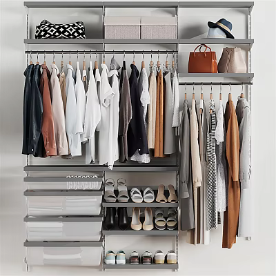 Organized Open Closet With Hanging Clothes Drawers Shoe Storage And Brown Bag 3d model