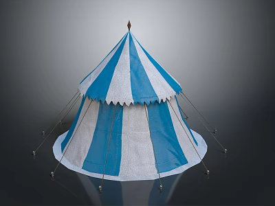 Blue And White Striped Canvas Tent With Spire Top And Support Poles 3d model