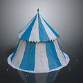 Blue And White Striped Canvas Tent With Spire Top And Support Poles