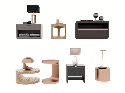 Stylish Bedside Tables With Various Designs Different Materials Lamps And Drawers 3d model