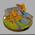 Miniature Landscape Model Featuring Thatched Cottage Orange Trees Bridge Pond And Pavilion On Circular Base