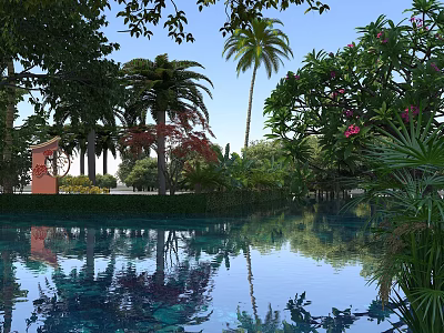 Beautiful Tropical Waterside Landscape With Reflecting Pool And Lush Palm Trees Under Bright Blue Sky 3d model