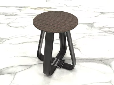 Modern Stool With Round Brown Wood Textured Top And Black Metal Legs On Marble Floor 3d model