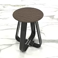 Modern Stool With Round Brown Wood Textured Top And Black Metal Legs On Marble Floor