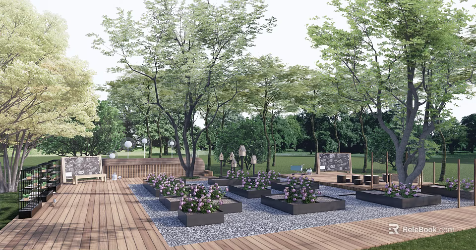 Garden Landscape With Wooden Deck Flower Planters Pebble Ground Seats And Lush Lawn 3d model 