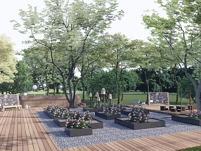 Garden Landscape With Wooden Deck Flower Planters Pebble Ground Seats And Lush Lawn 3d model
