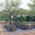 Garden Landscape With Wooden Deck Flower Planters Pebble Ground Seats And Lush Lawn