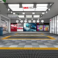 Automotive Service Showroom With Glass Doors Interior Lighting And Grid Floor Design