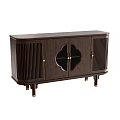 Dark Wood Sideboard With Slatted Doors Circular Decorative Window And Gold Legs