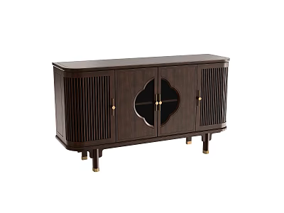 Dark Wood Sideboard With Slatted Doors Circular Decorative Window And Gold Legs 3d model