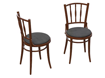 Classic Wooden Dining Chairs With Slatted Backrest And Gray Padded Seats 3d model