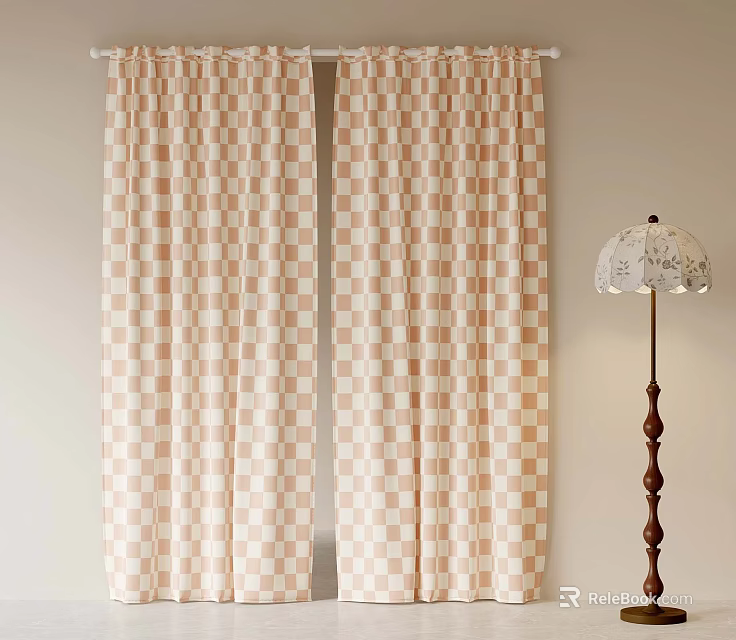 Checkered Curtains With Beige Brown Pattern And Decorative Floor Lamp In Room 3d model 