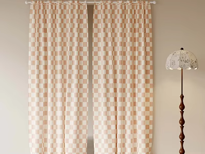 Checkered Curtains With Beige Brown Pattern And Decorative Floor Lamp In Room 3d model