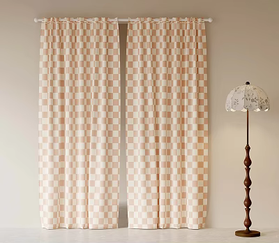 Checkered Curtains With Beige Brown Pattern And Decorative Floor Lamp In Room 3d model