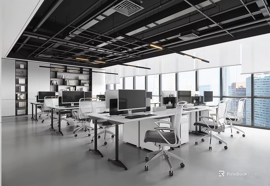 Modern Public Office Space With Desks Computers Chairs Large Windows And Bookshelves 3d model 