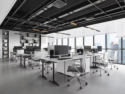 Modern Public Office Space With Desks Computers Chairs Large Windows And Bookshelves 3d model