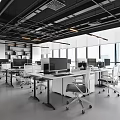 Modern Public Office Space With Desks Computers Chairs Large Windows And Bookshelves