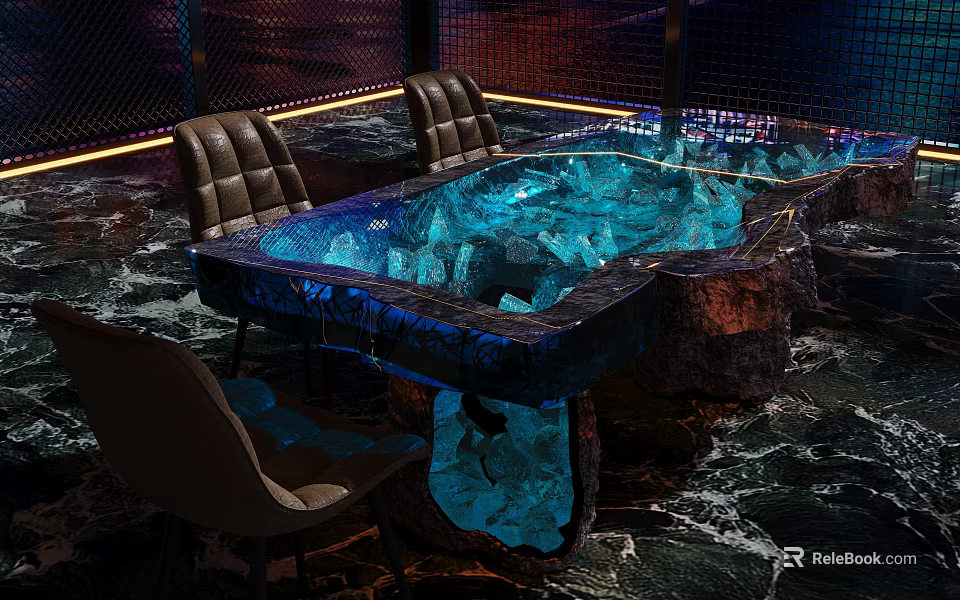 Unique Table and Chairs Set with Blue Ice-like Transparent Tabletop Lighting and Brown Leather Chairs 3d model 