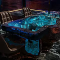 Unique Table and Chairs Set with Blue Ice-like Transparent Tabletop Lighting and Brown Leather Chairs