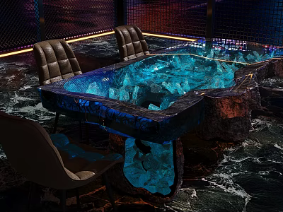 Unique Table and Chairs Set with Blue Ice-like Transparent Tabletop Lighting and Brown Leather Chairs 3d model
