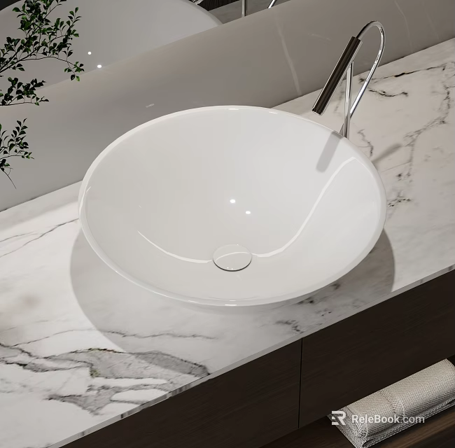 White Round Vessel Sink On Marble Countertop With Modern Chrome Faucet 3d model 