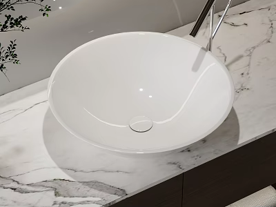 White Round Vessel Sink On Marble Countertop With Modern Chrome Faucet 3d model