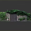Rustic Entrance Gate With Wooden Door Stone Wall Green Vines Clay Pot And Grass Around