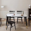 Dining Table Set with White Tabletop Black Legs Chairs Red Wine Floor Lamp and Cabinet