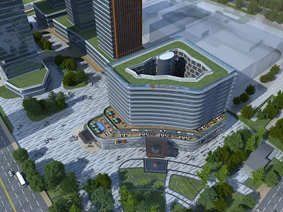 Modern Office Building With Green Roof Surrounding Trees And Commercial Plaza Space 3d model