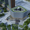 Modern Office Building With Green Roof Surrounding Trees And Commercial Plaza Space