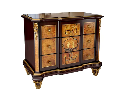 Ornate Dark Wood Nightstand With Golden Accents Detailed Carvings And Drawers 3d model