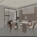 Modern Restaurant Interior Design With Dining Table Chairs Open Kitchen And Cabinets 3d model