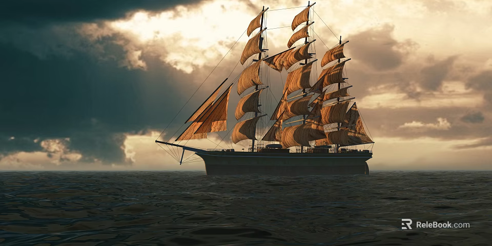 Tall Sailing Ship With Multiple Masts And Sails On Sunset Sea Waves Under Clouds 3d model