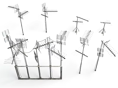 Display Of Multiple Metal TV Antennas With Various Shapes Heights And Tilted Structures 3d model