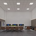 Modern Meeting Room With Long Table Chairs Computers Large Screen Sofa And Ceiling Lights 3d model