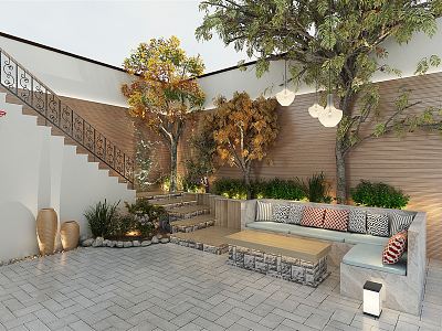 Modern Garden Villa Backyard Garden Terrace Balcony Leisure Area Greenery Landscape Trees Plant Pile model