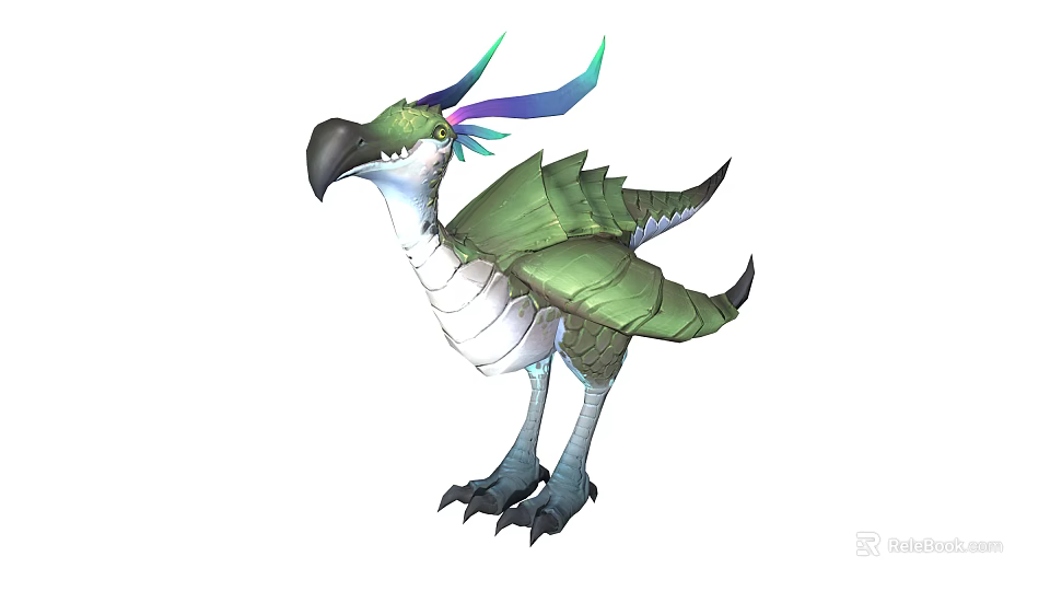Fantasy Game Movie Character With Green Body Colorful Crests Black Beak White Underbelly Sharp Claws 3d model 