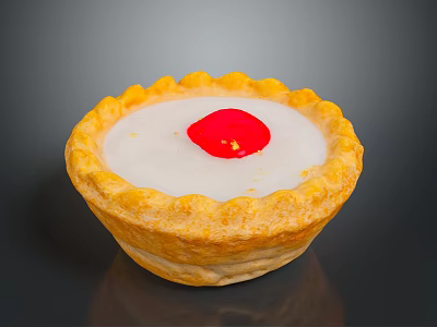 Golden Flaky Tart With White Creamy Filling And Red Cherry Topping 3d model