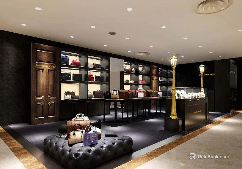 Luxury Bags Boutique Interior With Display Shelves Leather Seating And Elegant Lighting 3d model 