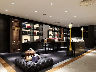 Luxury Bags Boutique Interior With Display Shelves Leather Seating And Elegant Lighting 3d model