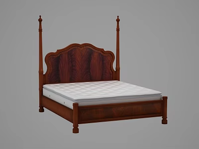Classic Wooden Four Poster Double Bed With Ornate Headboard And White Mattress 3d model
